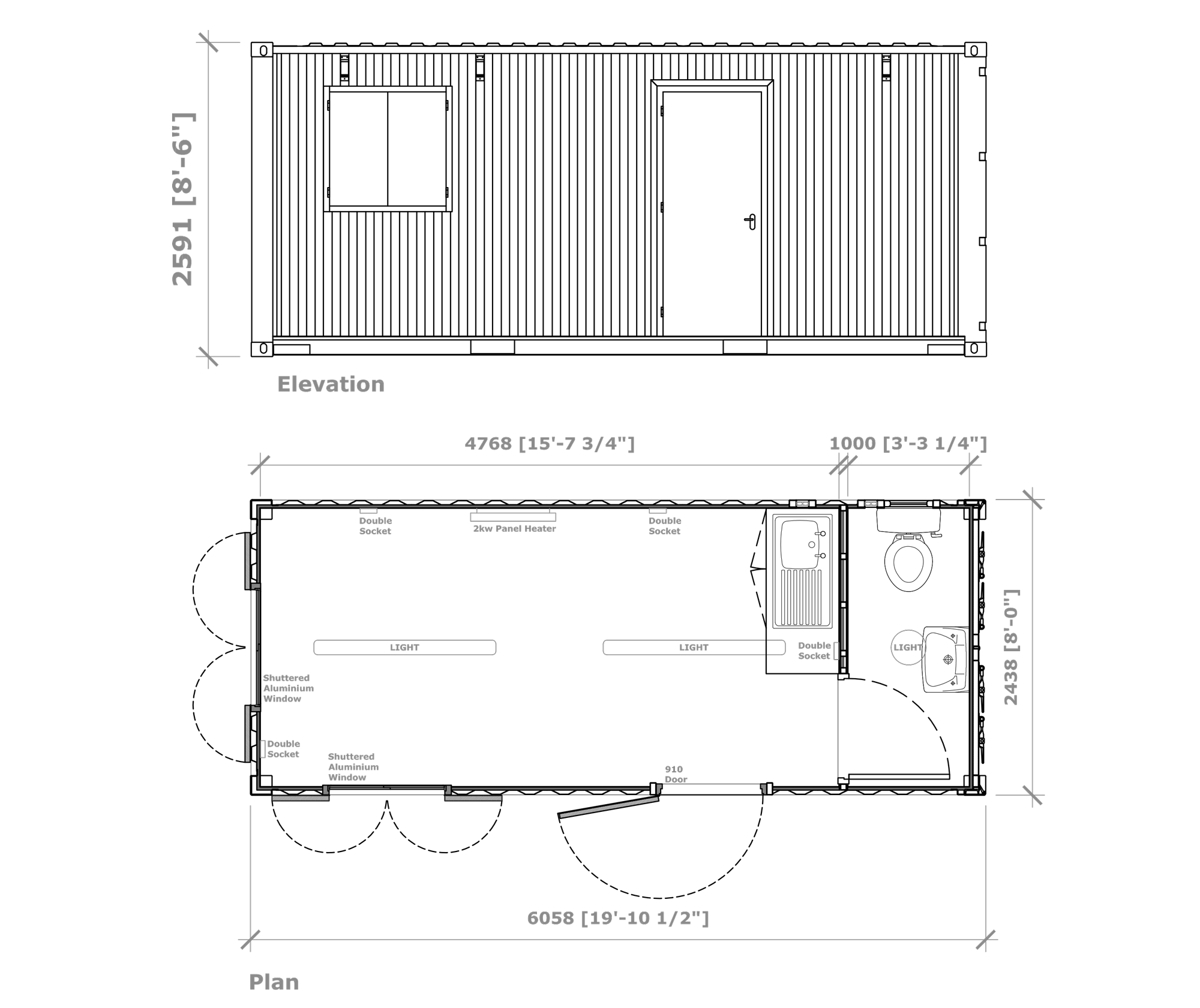 Container ufficio da 20 piedi con cucina e servizi igienici